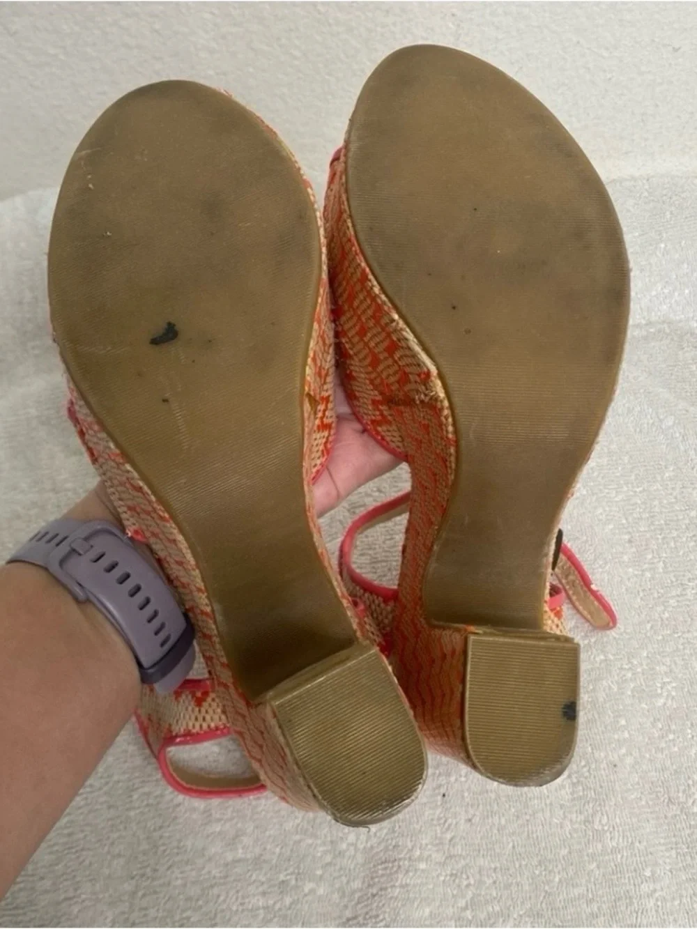 Madden Girl Tan Bright Pink Rattan Strappy Platform Chunky Heel Sandals Size 7.5